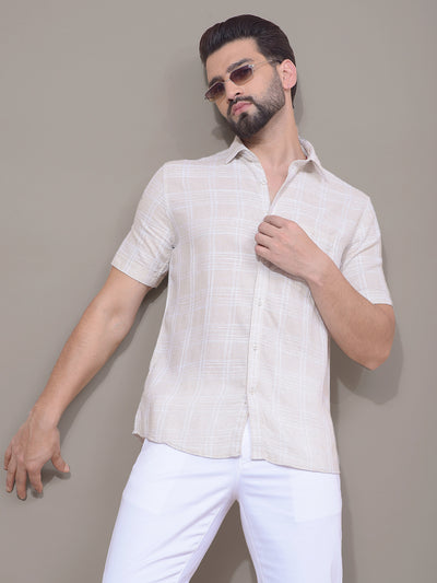 Beige Checked Linen Shirt-Men Shirts-Crimsoune Club