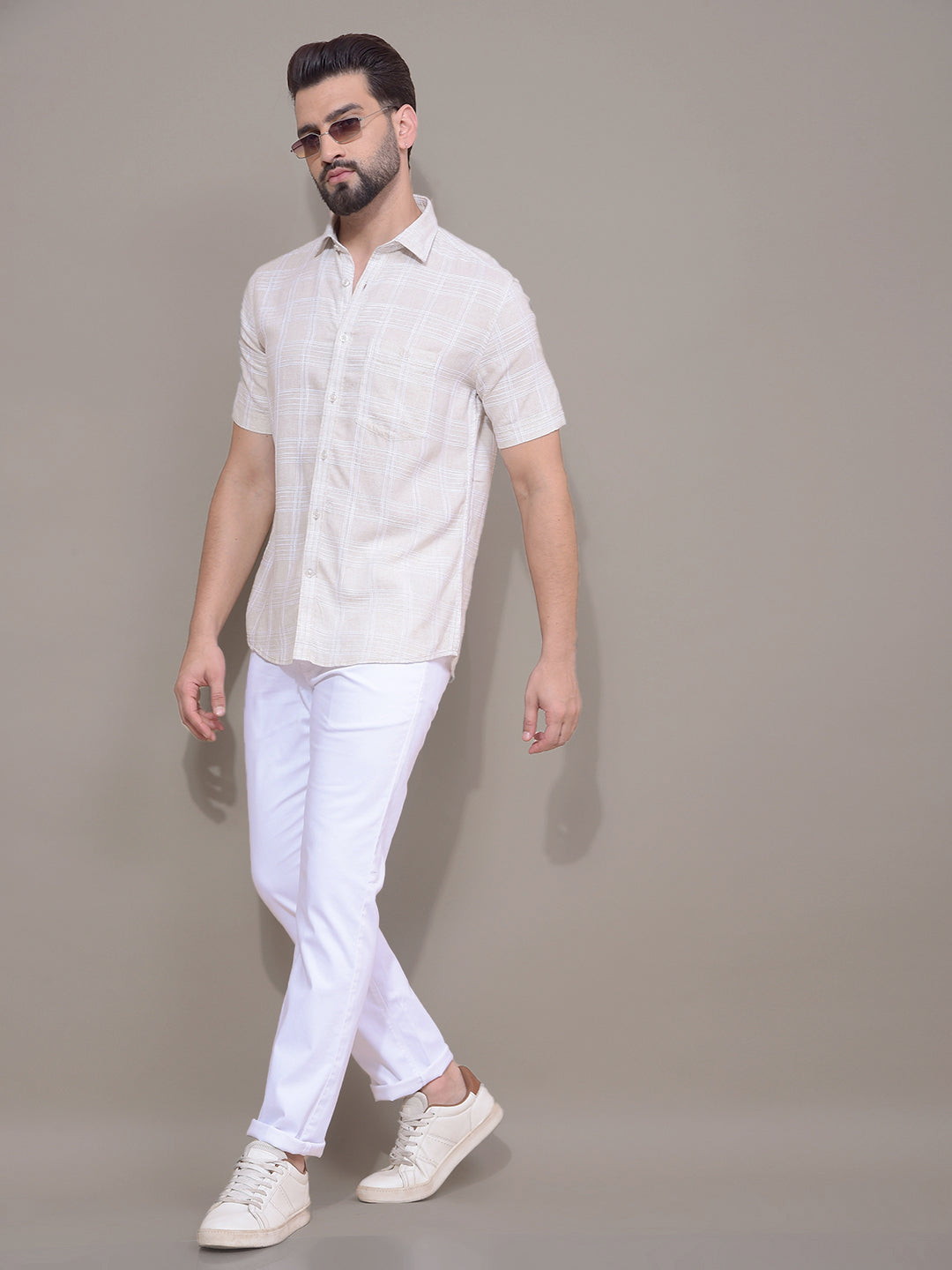Beige Checked Linen Shirt-Men Shirts-Crimsoune Club