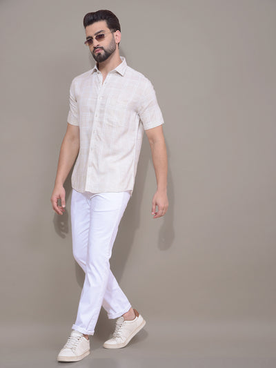 Beige Checked Linen Shirt-Men Shirts-Crimsoune Club
