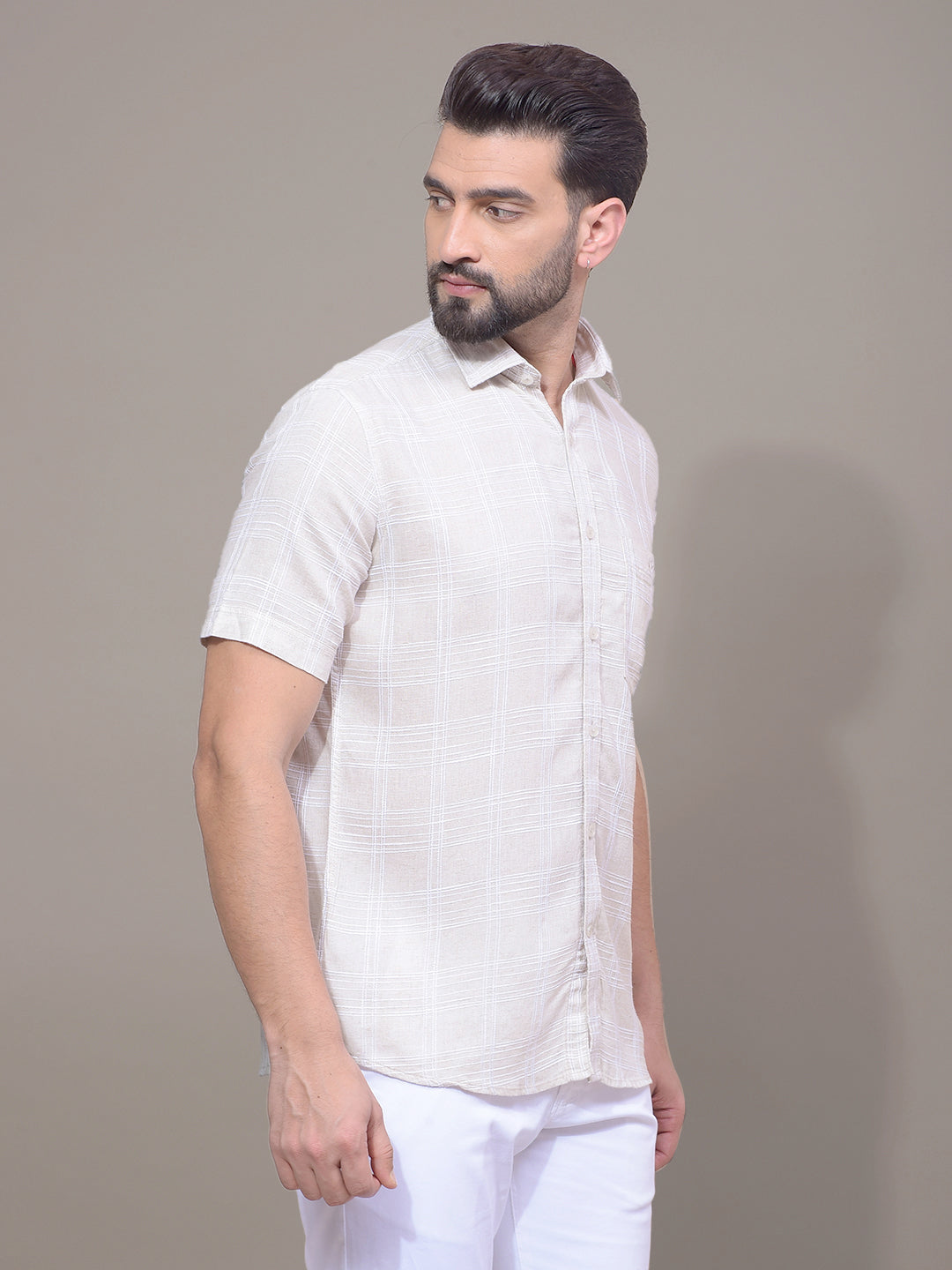 Beige Checked Linen Shirt-Men Shirts-Crimsoune Club