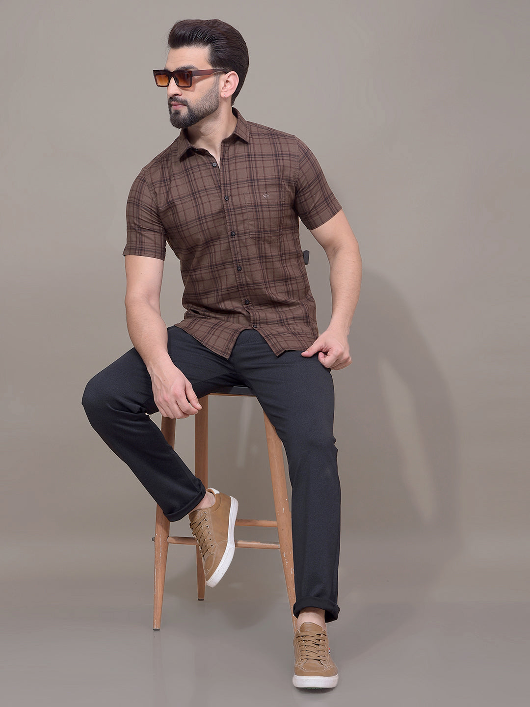 Brown Checked 100% Cotton Shirt-Men Shirts-Crimsoune Club