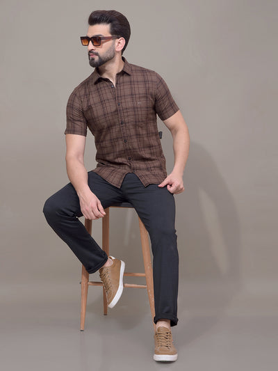Brown Checked 100% Cotton Shirt-Men Shirts-Crimsoune Club