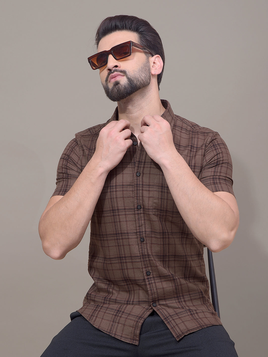 Brown Checked 100% Cotton Shirt-Men Shirts-Crimsoune Club