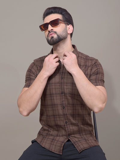 Brown Checked 100% Cotton Shirt-Men Shirts-Crimsoune Club