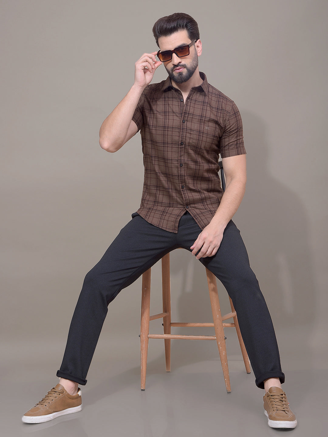Brown Checked 100% Cotton Shirt-Men Shirts-Crimsoune Club