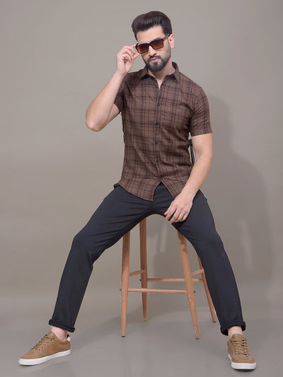 Brown Checked 100% Cotton Shirt-Men Shirts-Crimsoune Club