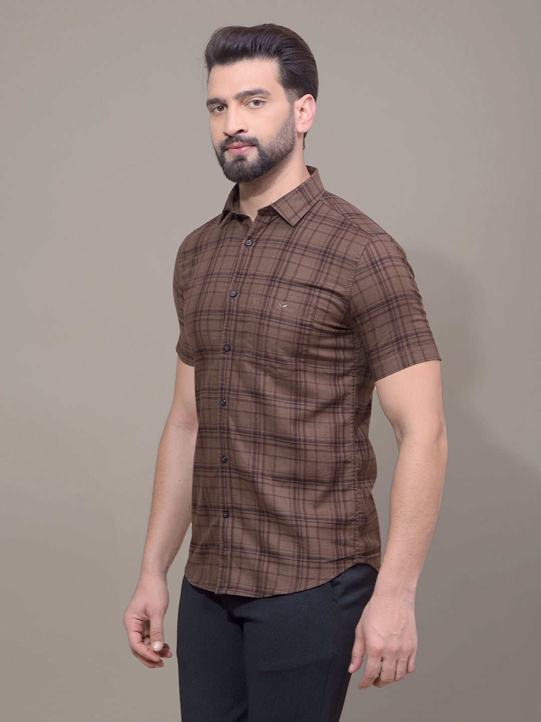 Brown Checked 100% Cotton Shirt-Men Shirts-Crimsoune Club