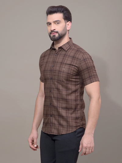 Brown Checked 100% Cotton Shirt-Men Shirts-Crimsoune Club