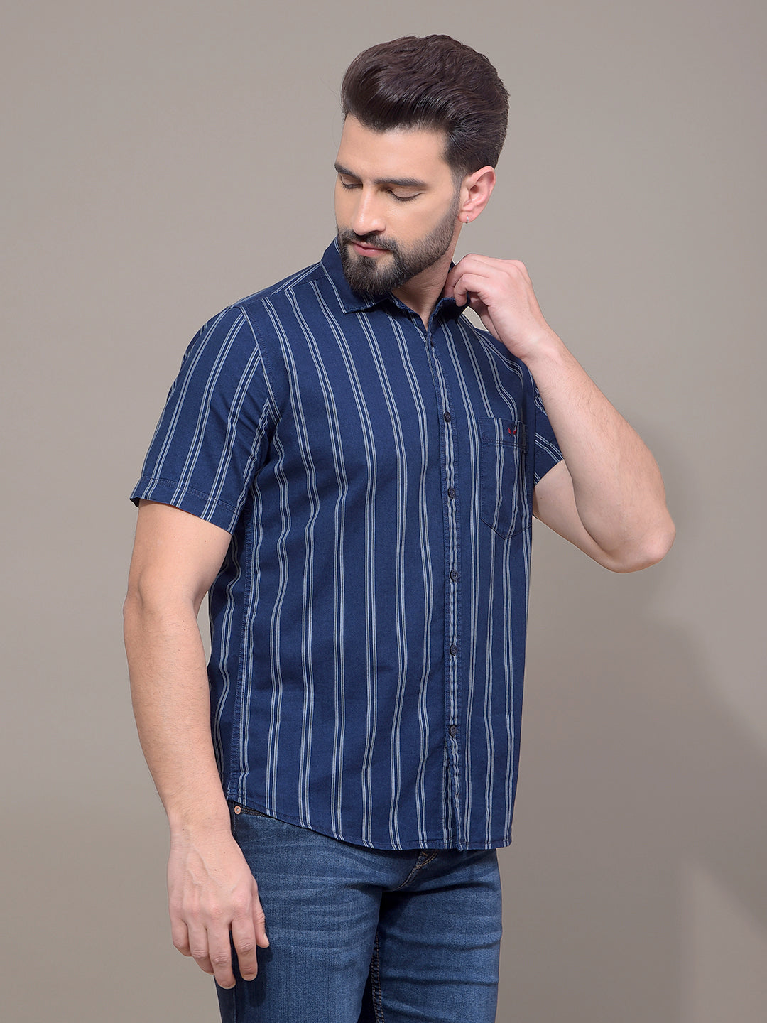 Navy Blue Vertical Stripes 100% Cotton Shirt-Men Shirts-Crimsoune Club