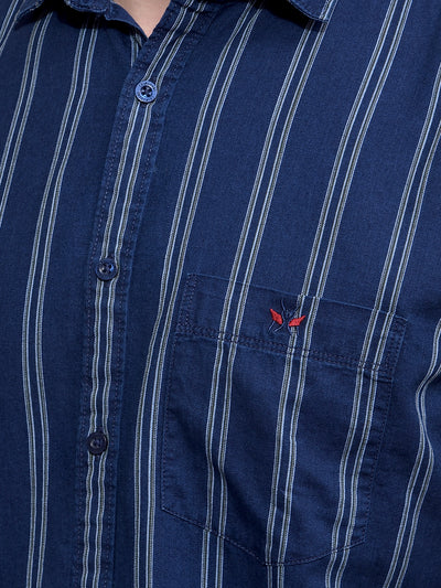 Navy Blue Vertical Stripes 100% Cotton Shirt-Men Shirts-Crimsoune Club