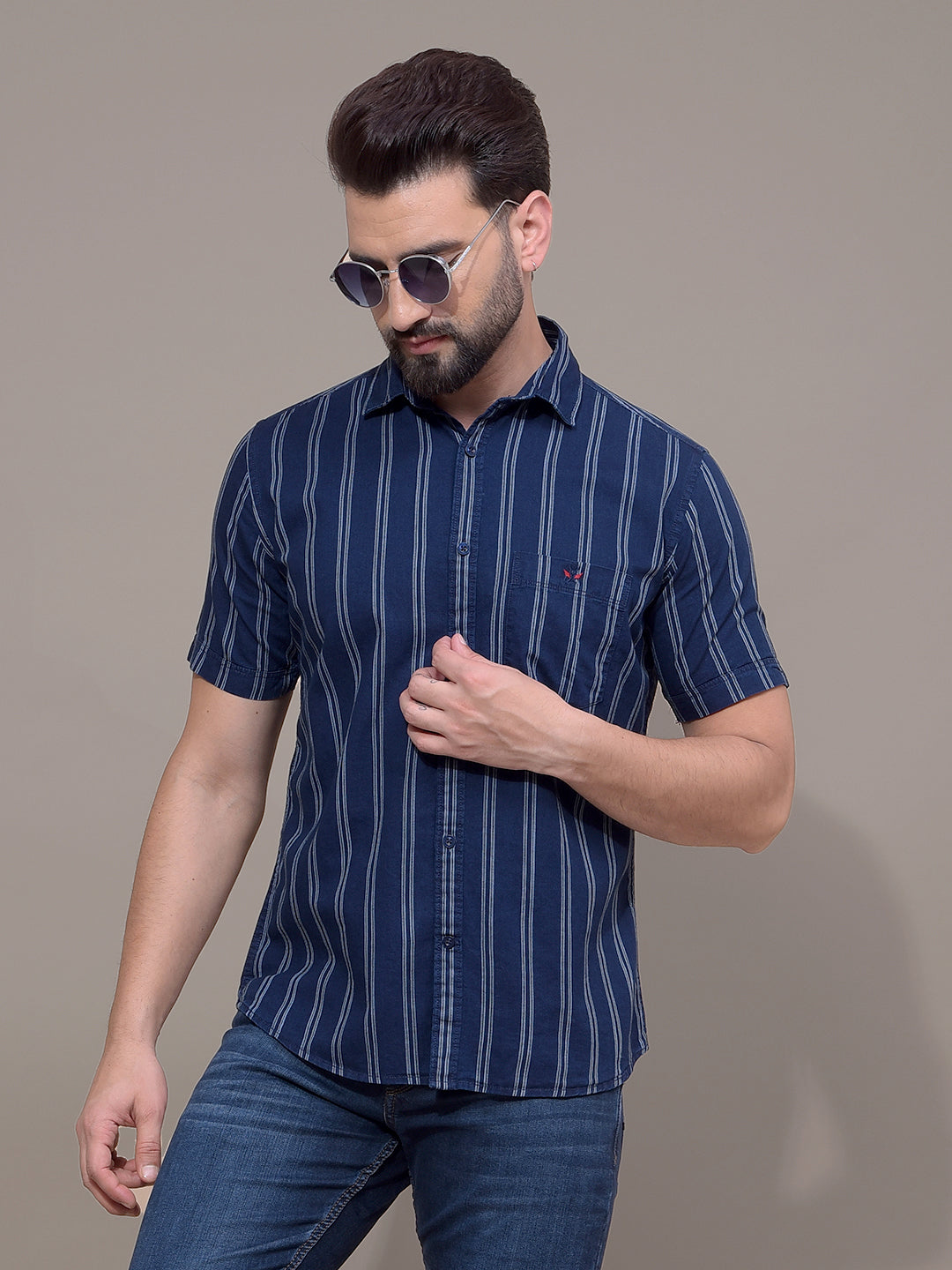 Navy Blue Vertical Stripes 100% Cotton Shirt-Men Shirts-Crimsoune Club