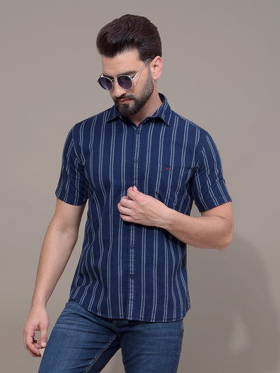 Navy Blue Vertical Stripes 100% Cotton Shirt-Men Shirts-Crimsoune Club