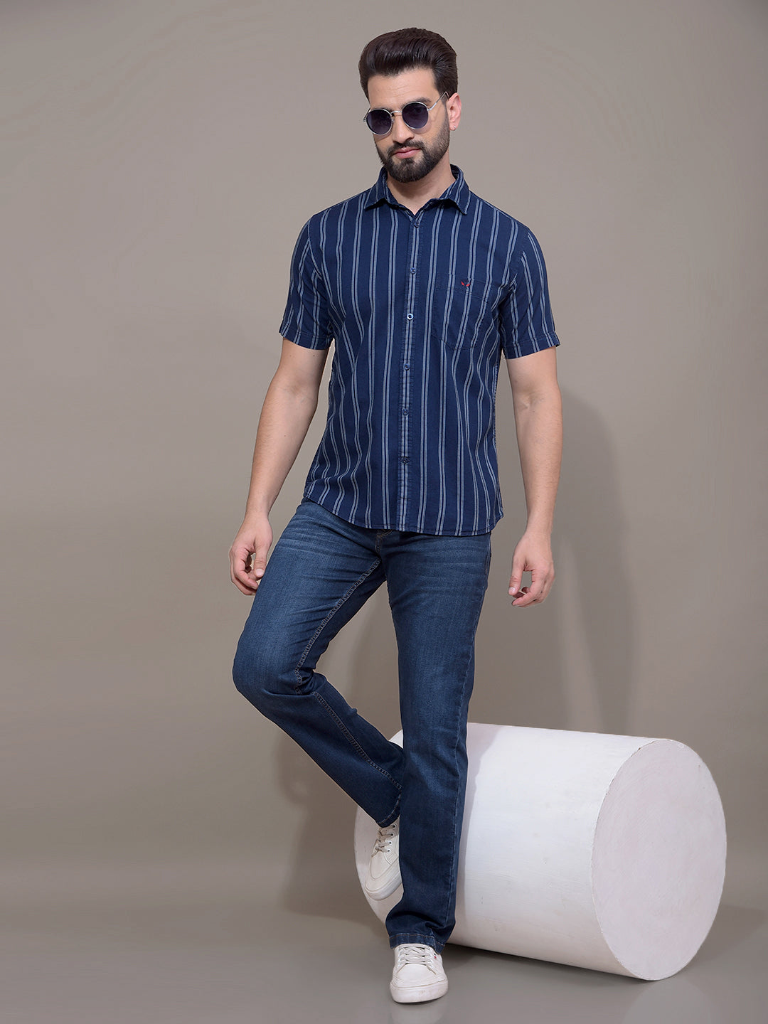 Navy Blue Vertical Stripes 100% Cotton Shirt-Men Shirts-Crimsoune Club