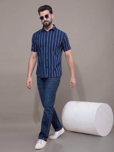 Navy Blue Vertical Stripes 100% Cotton Shirt-Men Shirts-Crimsoune Club