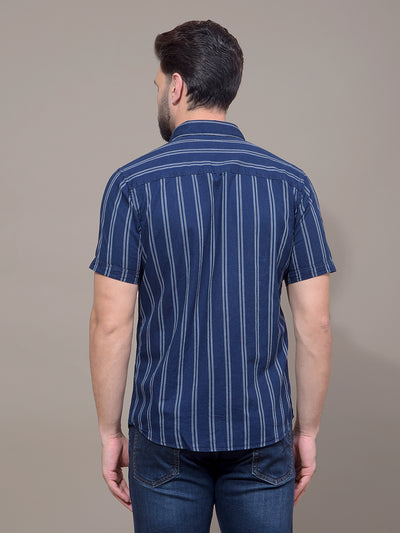 Navy Blue Vertical Stripes 100% Cotton Shirt-Men Shirts-Crimsoune Club
