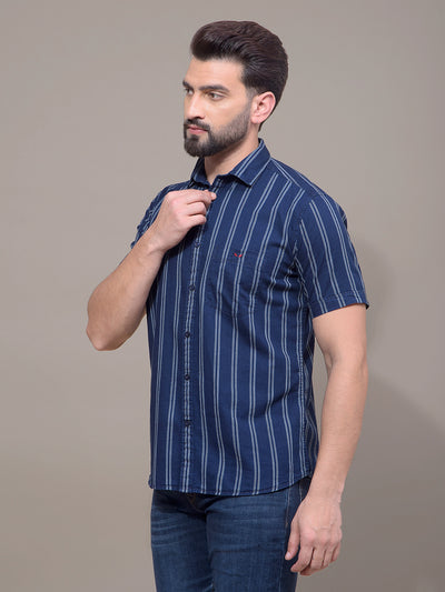 Navy Blue Vertical Stripes 100% Cotton Shirt-Men Shirts-Crimsoune Club