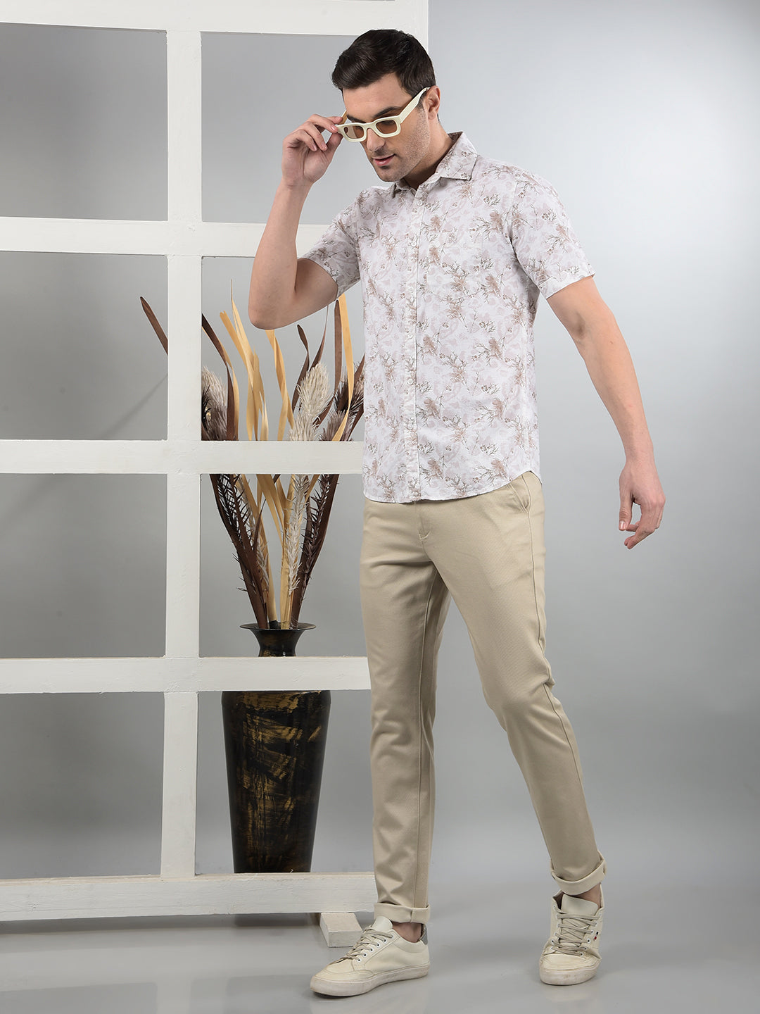 Beige Printed Trousers-Men Trousers-Crimsoune Club