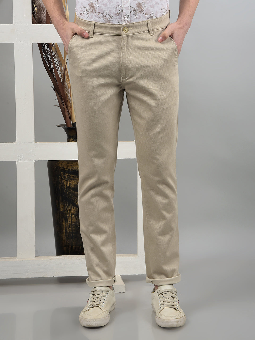 Beige Printed Trousers-Men Trousers-Crimsoune Club