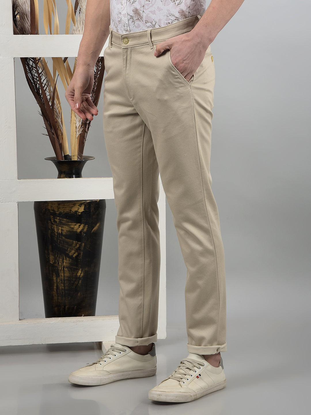 Beige Printed Trousers-Men Trousers-Crimsoune Club