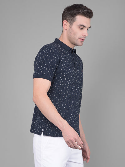 Navy Blue Printed Polo T-shirt-Men T-Shirts-Crimsoune Club