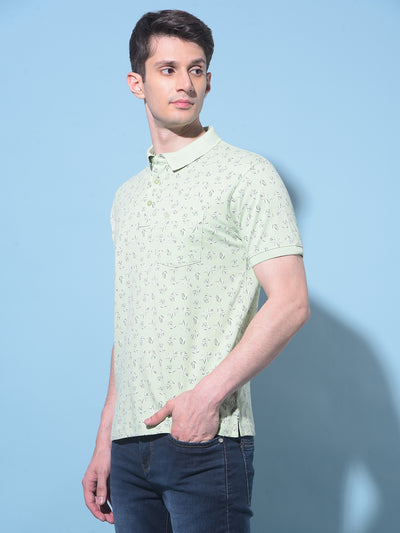 Green Floral Printed Cotton Polo T-Shirt-Men T-Shirts-Crimsoune Club