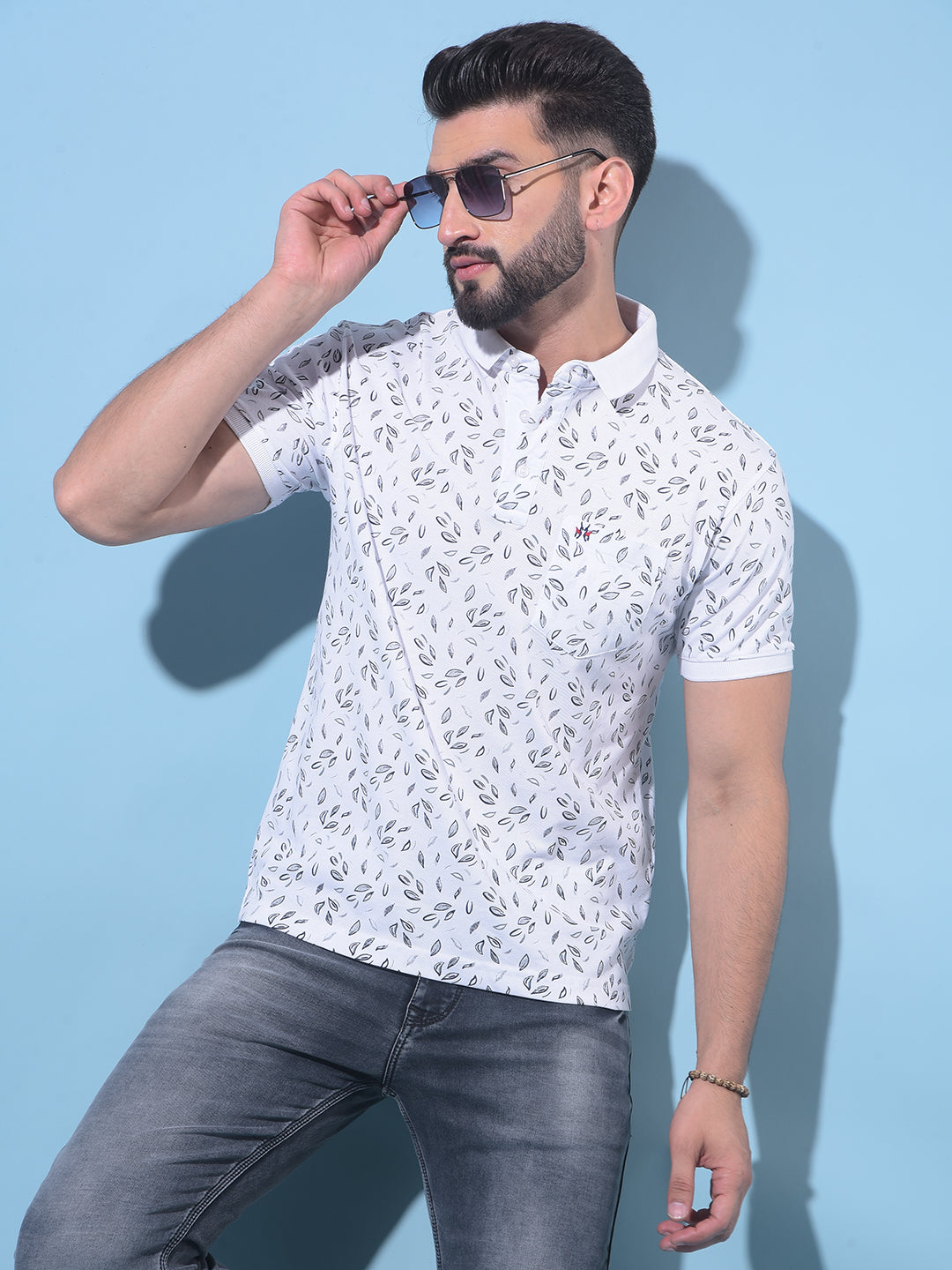 White Floral Print Polo T-Shirt-Men T-Shirts-Crimsoune Club