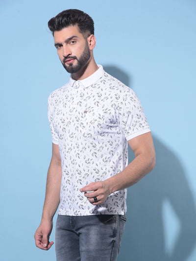 White Floral Print Polo T-Shirt-Men T-Shirts-Crimsoune Club