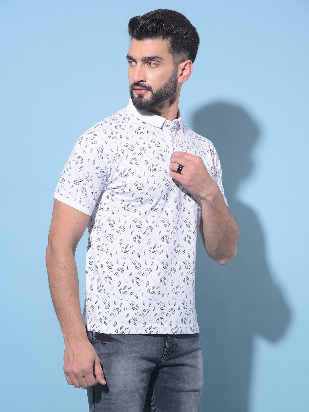 White Floral Print Polo T-Shirt-Men T-Shirts-Crimsoune Club