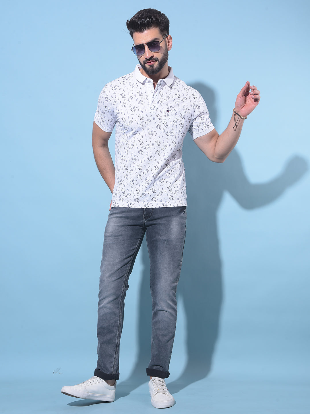 White Floral Print Polo T-Shirt-Men T-Shirts-Crimsoune Club