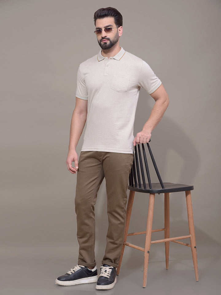 Beige Polo Neck T-Shirt-Men T-Shirts-Crimsoune Club