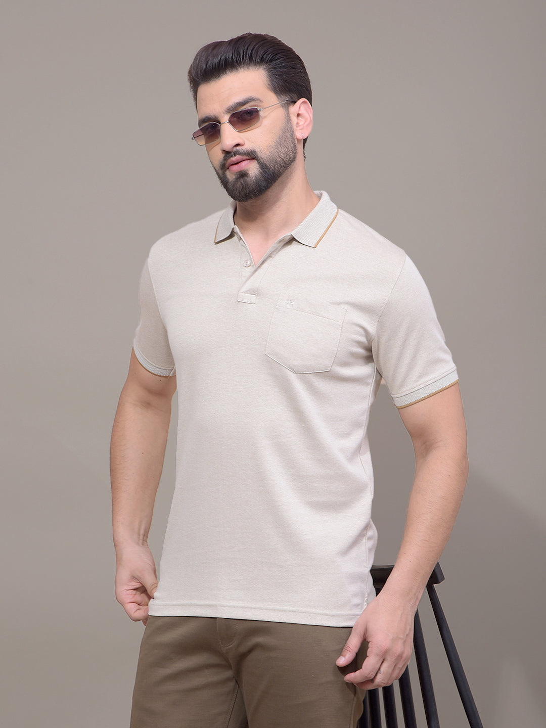 Beige Polo Neck T-Shirt-Men T-Shirts-Crimsoune Club