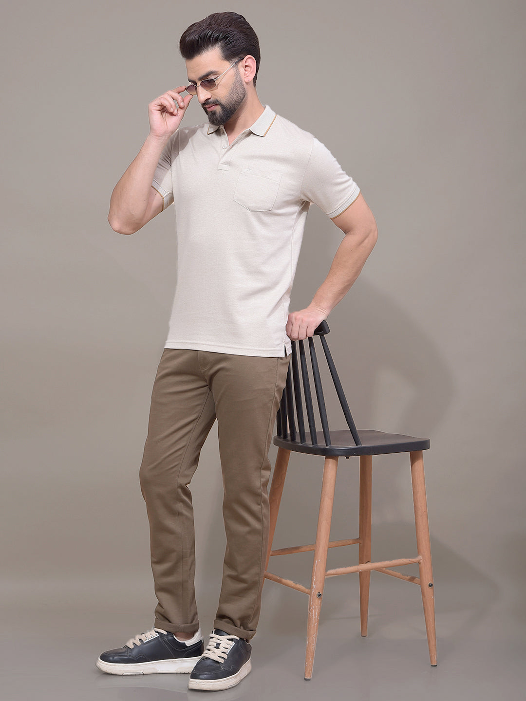 Beige Polo Neck T-Shirt-Men T-Shirts-Crimsoune Club