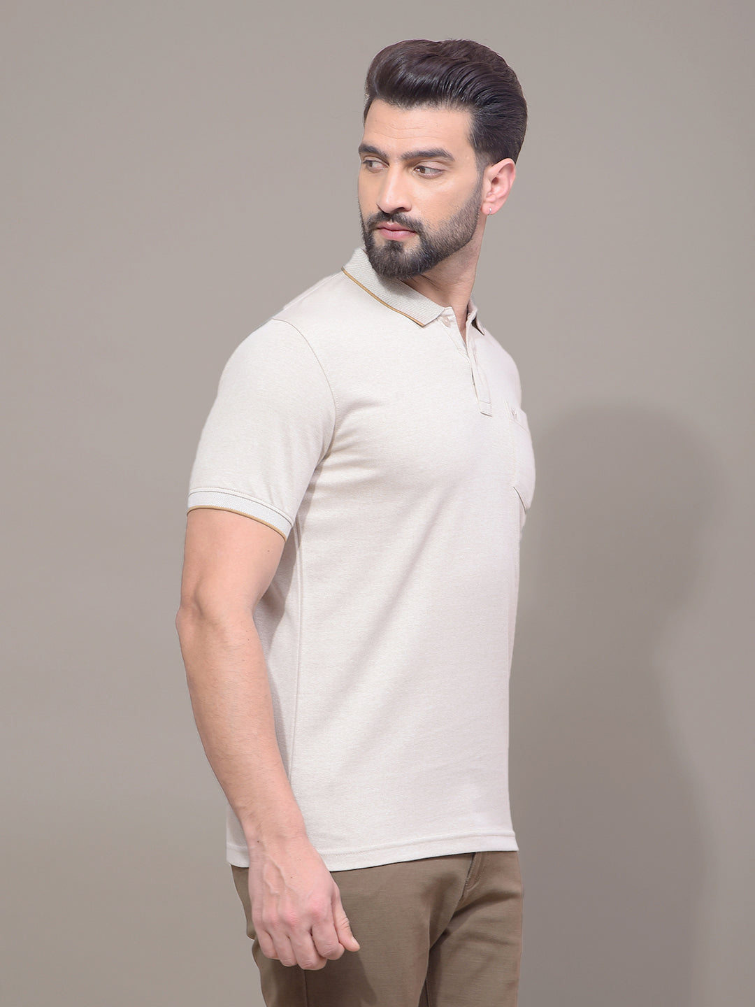 Beige Polo Neck T-Shirt-Men T-Shirts-Crimsoune Club
