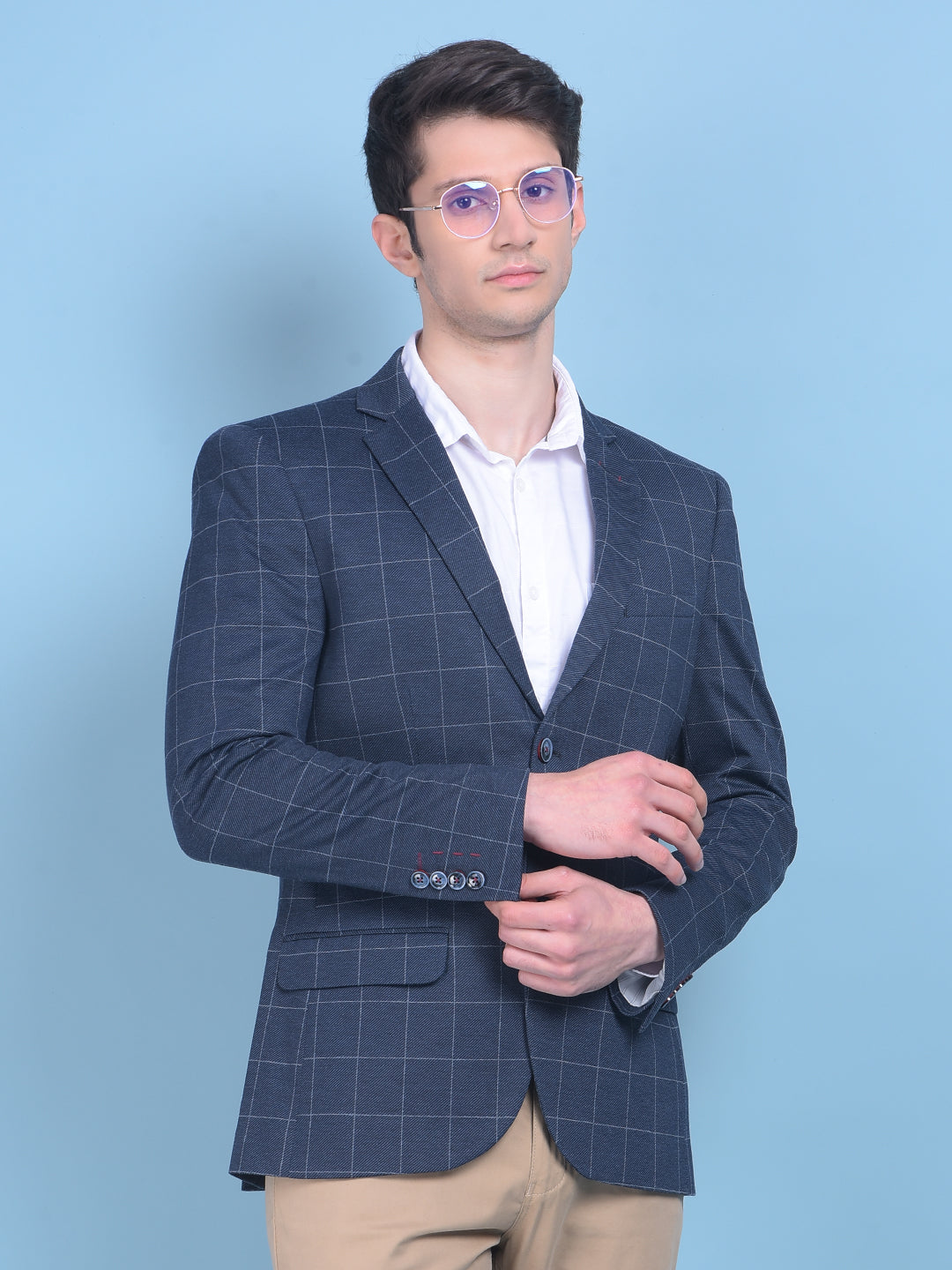 Navy Blue Checked Blazer-Men Blazers-Crimsoune Club