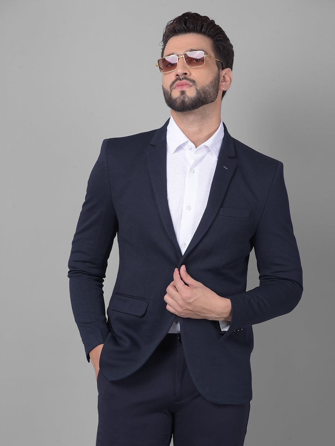 Navy Blue Single Breasted Blazer-Men Blazers-Crimsoune Club