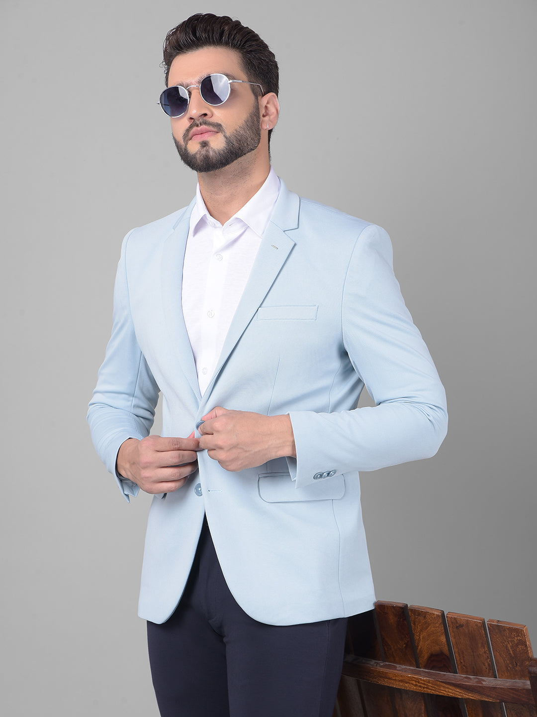 Blue Single Breasted Blazer-Men Blazers-Crimsoune Club