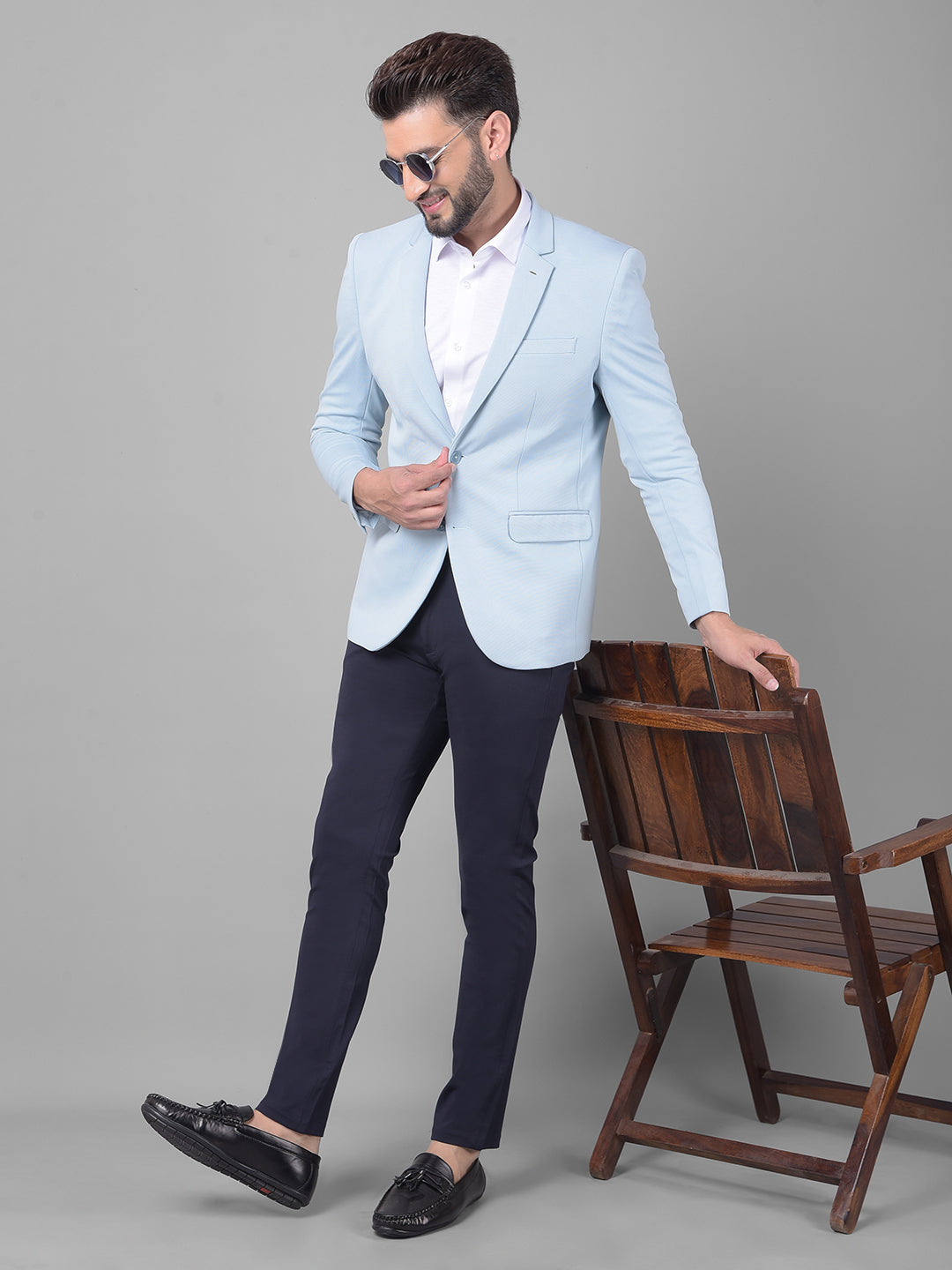 Blue Single Breasted Blazer-Men Blazers-Crimsoune Club