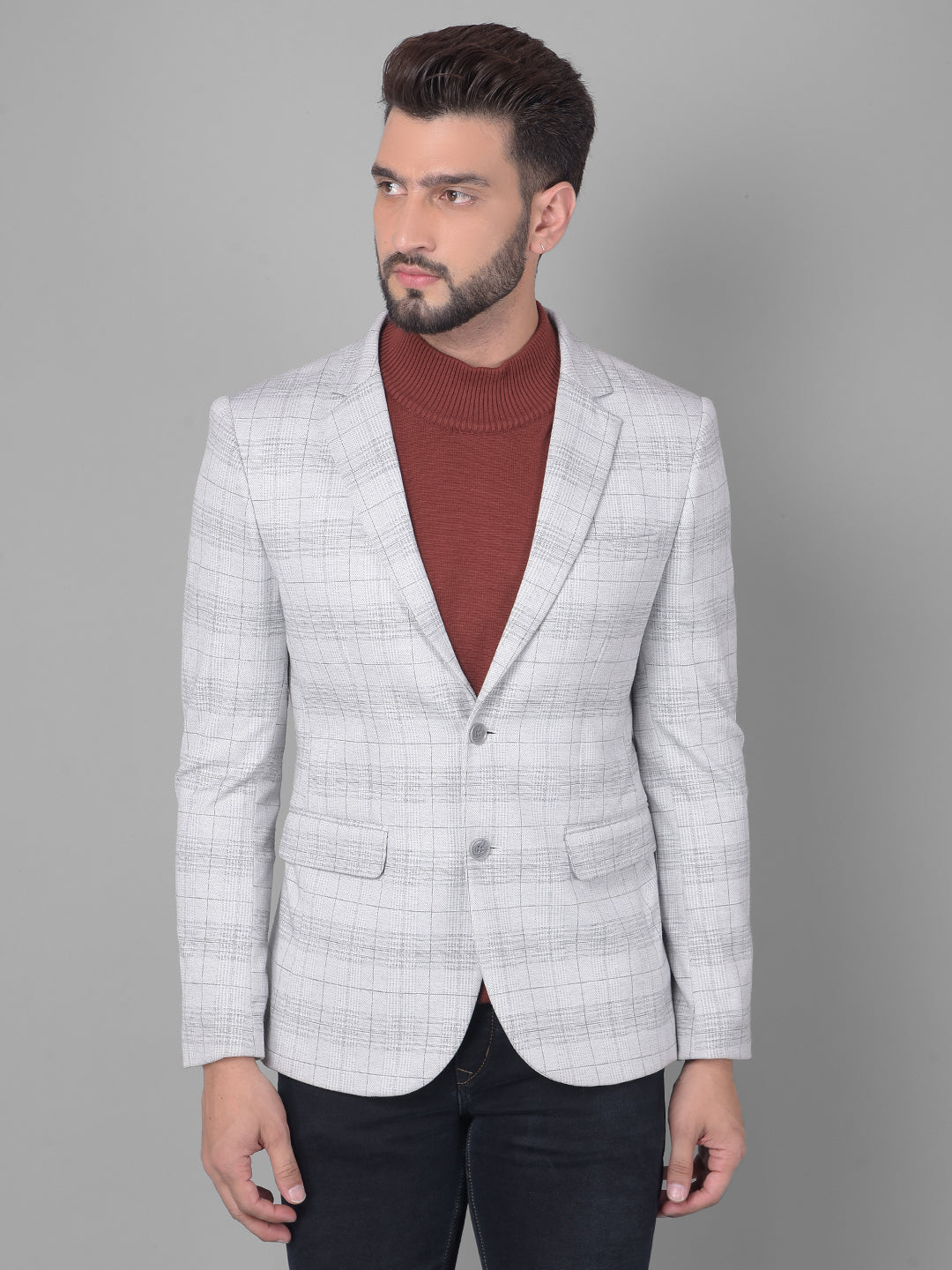 Grey Checked Single Breasted Blazer-Men Blazers-Crimsoune Club