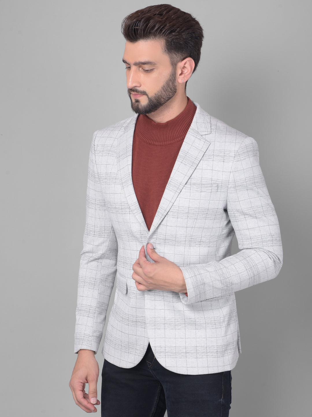 Grey Checked Single Breasted Blazer-Men Blazers-Crimsoune Club