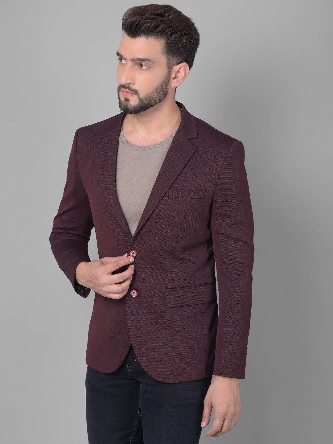 Wine Single Breasted Blazer-Men Blazers-Crimsoune Club