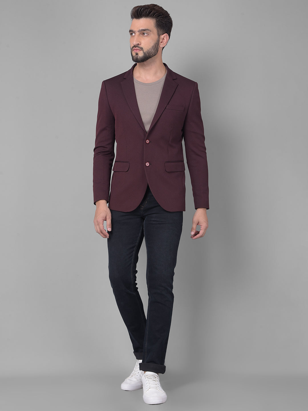 Wine Single Breasted Blazer-Men Blazers-Crimsoune Club