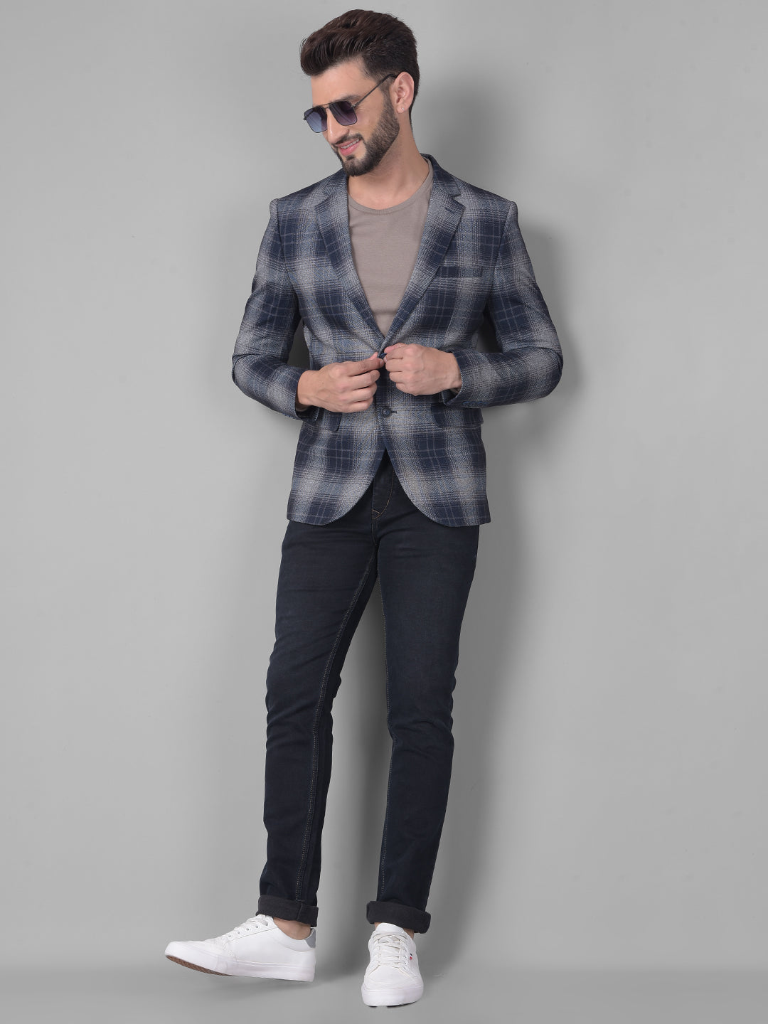 Grey Checked Single Breasted Blazer-Men Blazers-Crimsoune Club