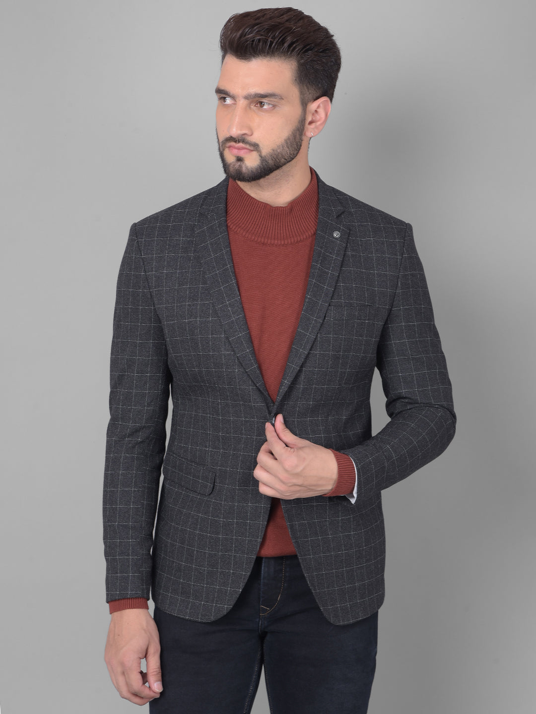 Black Checked Single Breasted Blazer-Men Blazers-Crimsoune Club