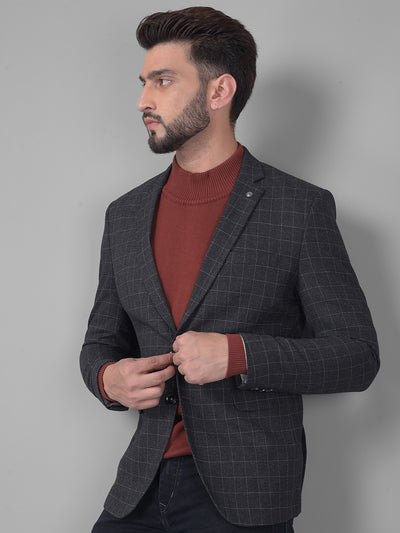 Black Checked Single Breasted Blazer-Men Blazers-Crimsoune Club