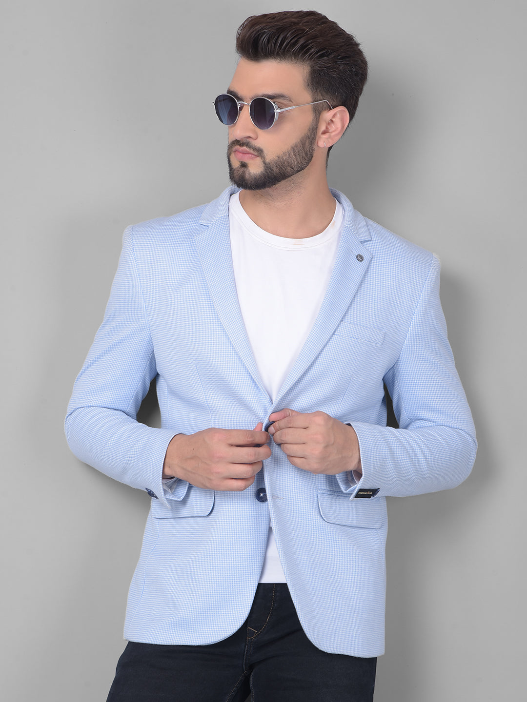 Blue Checked Single Breasted Blazer-Men Blazers-Crimsoune Club