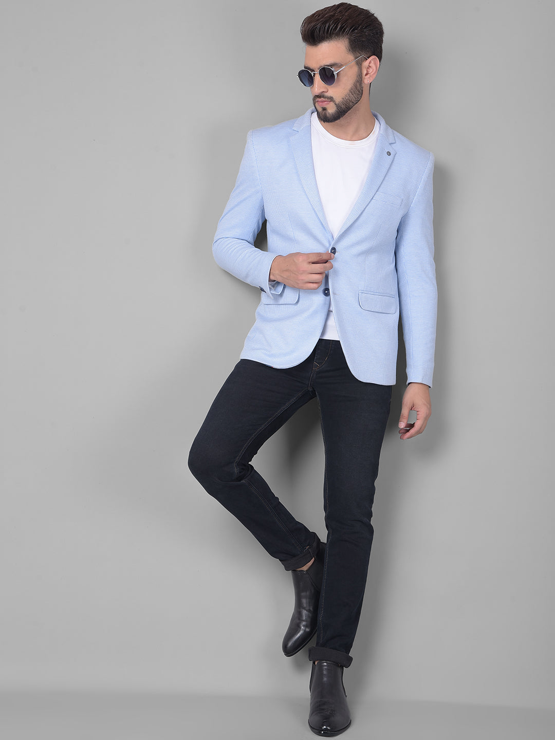 Blue Checked Single Breasted Blazer-Men Blazers-Crimsoune Club