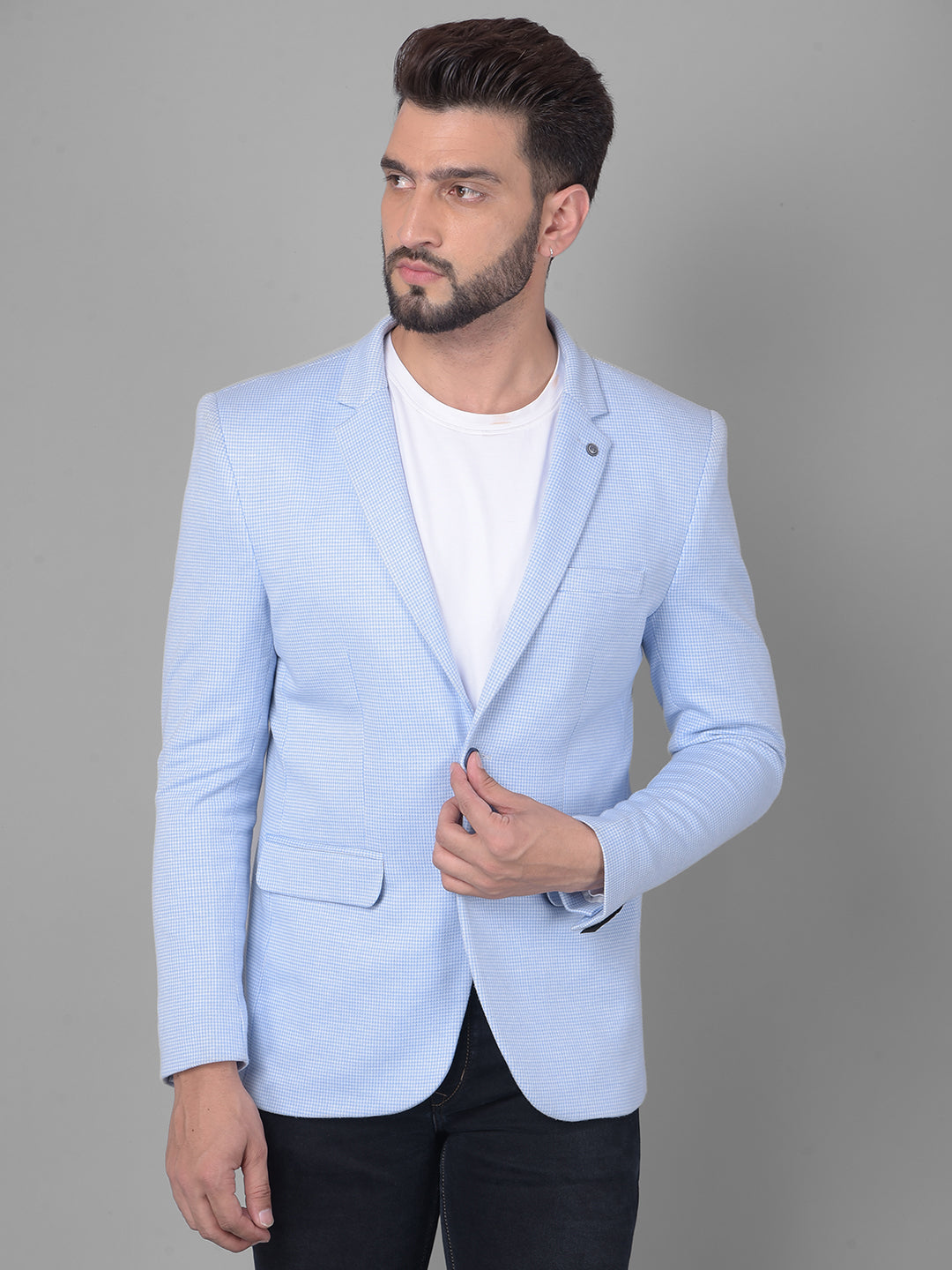 Blue Checked Single Breasted Blazer-Men Blazers-Crimsoune Club