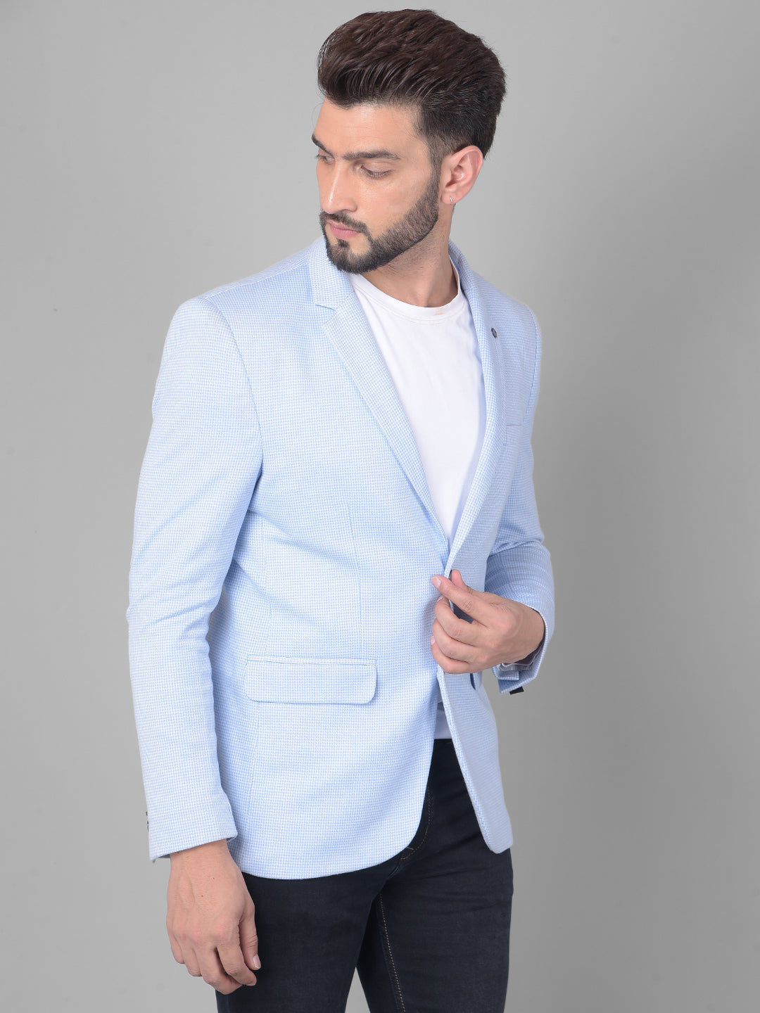 Blue Checked Single Breasted Blazer-Men Blazers-Crimsoune Club