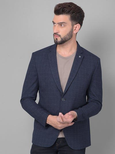 Navy Blue Checked Single Breasted Blazer-Men Blazers-Crimsoune Club