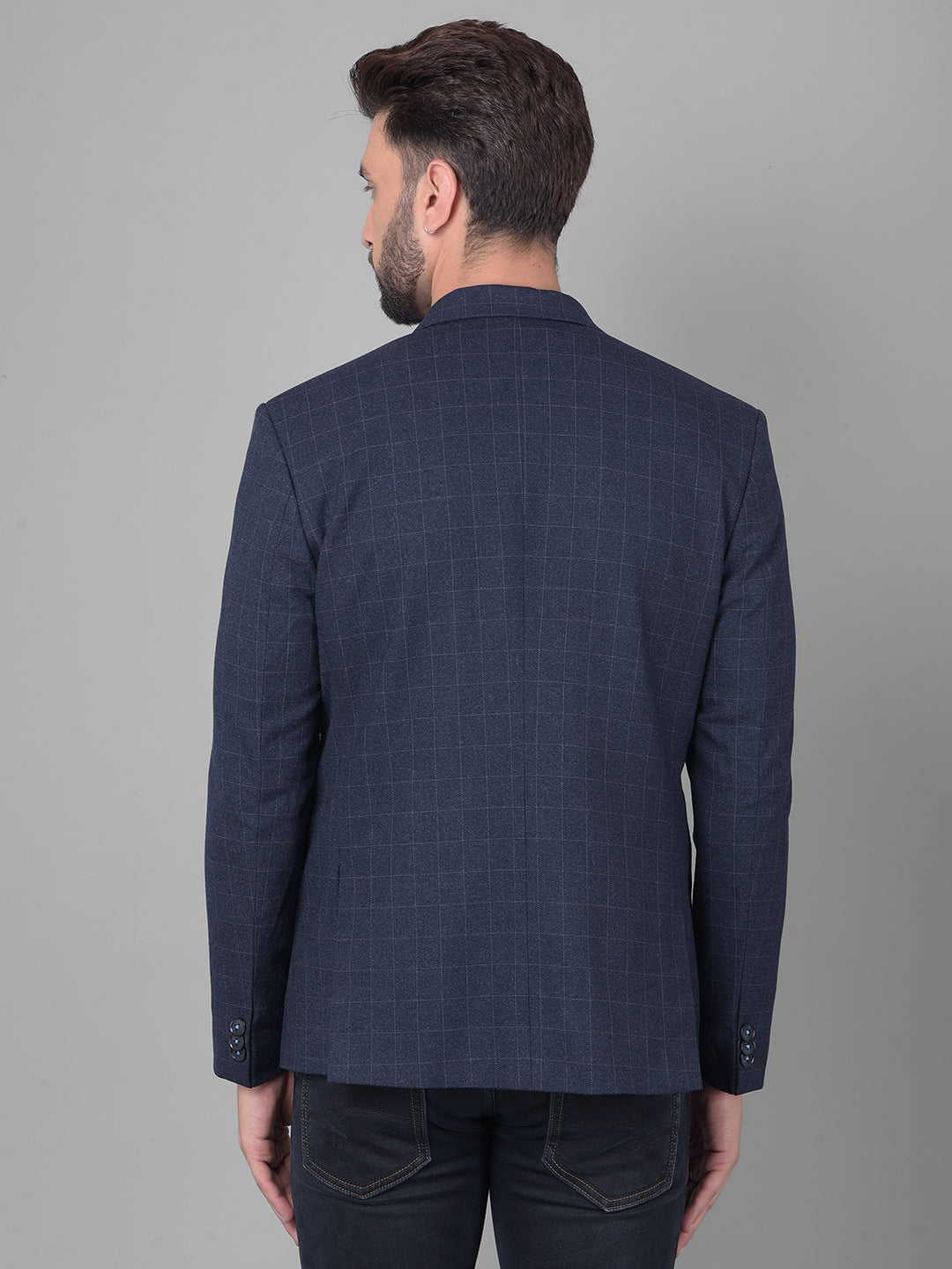 Navy Blue Checked Single Breasted Blazer-Men Blazers-Crimsoune Club